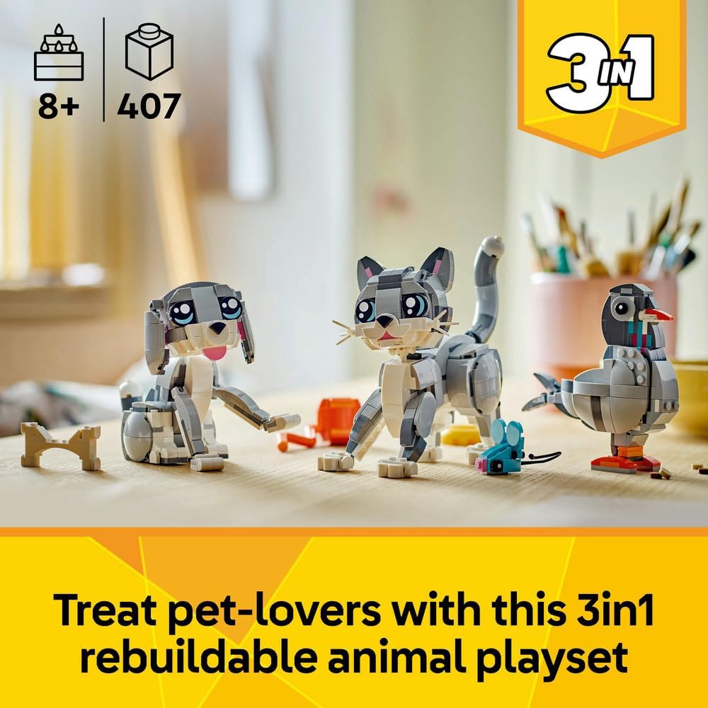LEGO Creator 3in1 Playful Cat Toy - Transforms into a Pigeon or Pet Dog Figure - Animals Building Set for Kids, 8+ Year Old Girls & Boys - Creative Birthday Gift Idea - 31163