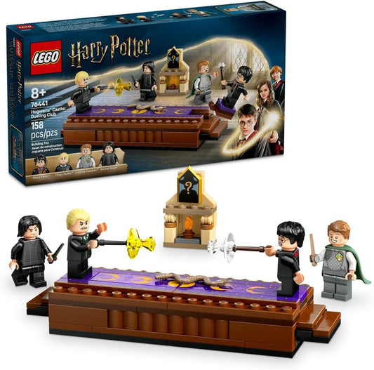 LEGO Harry Potter Hogwarts Castle: Dueling Club 76441 set showcasing a buildable battle platform, four minifigures—Harry Potter, Draco Malfoy, Severus Snape, and Gilderoy Lockhart—and a collectible Hogwarts portrait, designed for builders aged 8+.