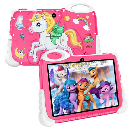 Kids Learning Tablet – 7" HD, 128GB, Dual Cameras, 4G/WiFi, Parental Lock, Fall-Proof Cover (Unicorn - Pink)
