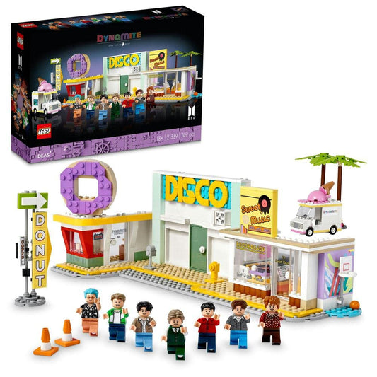 LEGO 21339 Ideas BTS Dynamite set featuring all 7 BTS minifigures and colorful music video stage build
