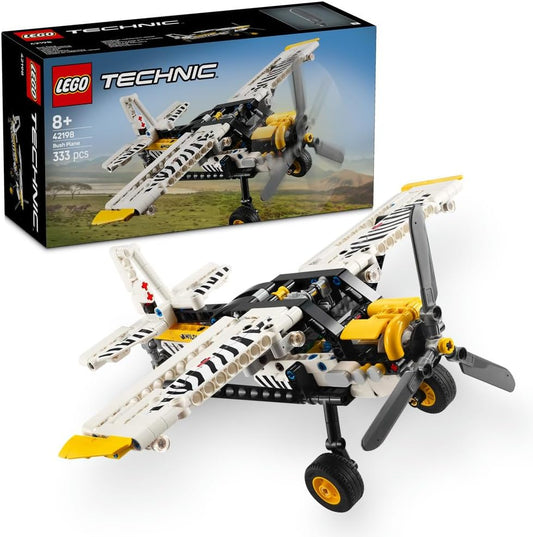LEGO Technic Bush Plane 42198 showcasing a spinning propeller, adjustable ailerons, and a detailed 4-cylinder piston engine, designed for builders aged 8+
