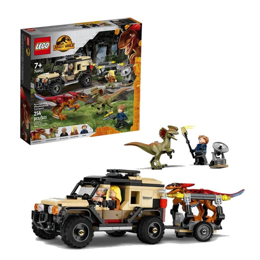 LEGO 76951 Pyroraptor & Dilophosaurus Transport set with 254 pieces, featuring two dinosaurs and a transport vehicle