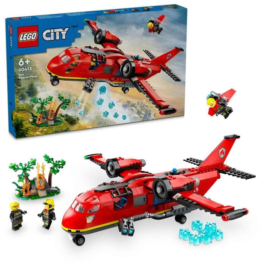 LEGO City Fire Rescue Plane 60413 set showcasing the red firefighting plane, water element launchers, and firefighter minifigures.​