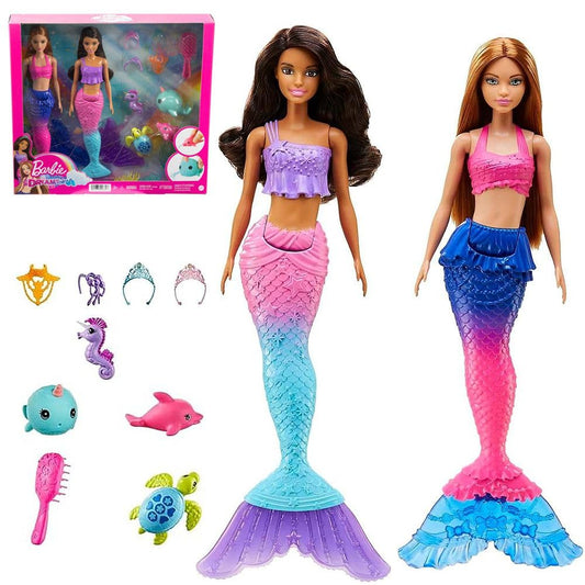 Barbie® Mermaid Set with 2 Brunette Dolls (12-in/30.40-cm), Colorful Mermaid Clothes, 4 Sea Pet Toys, 2 Tiaras, Headband, Necklace & Brush, Toy Gift for Ages 3 Years Old & Up