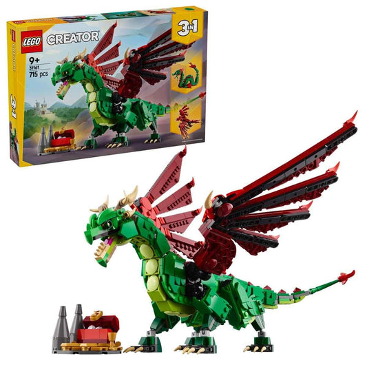 LEGO Creator 3in1 Medieval Dragon 31161 set with 715 pieces, featuring posable dragon, sea serpent, and phoenix models for imaginative play
