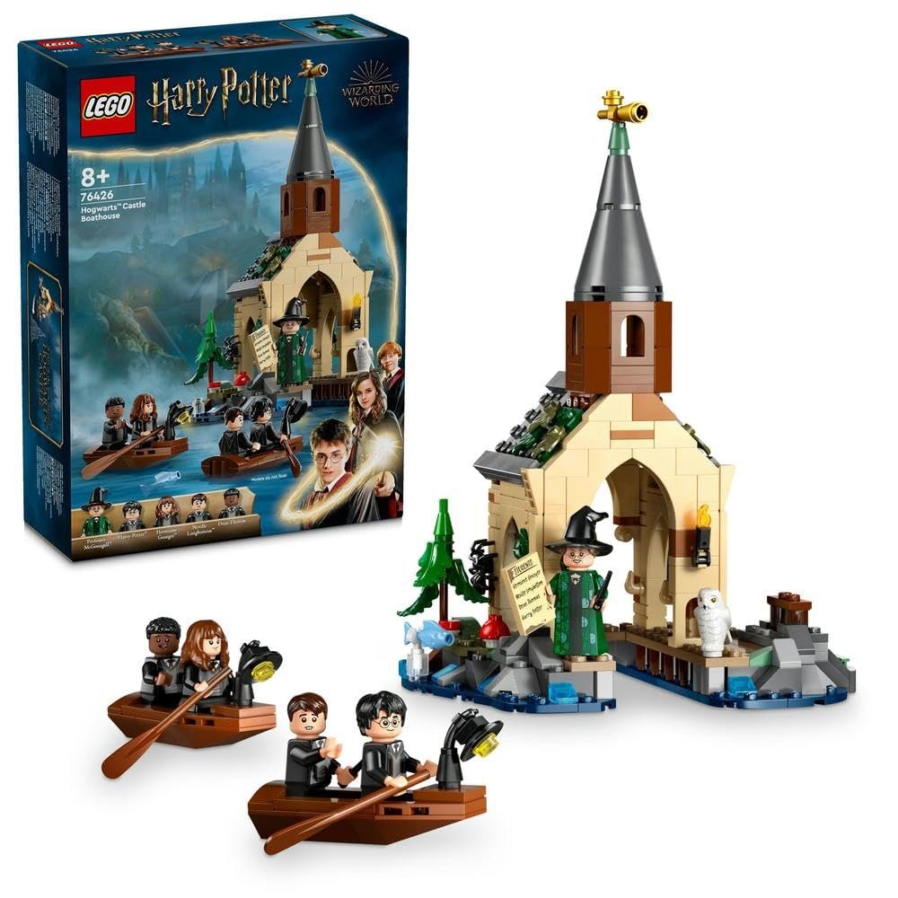 LEGO 76426 Harry Potter Hogwarts Castle Boathouse set featuring a detailed boathouse with docking space, 2 buildable boats, hiding place for Trevor, and 5 minifigures including Harry Potter, Hermione Granger, Neville Longbottom, Dean Thomas, and Professor McGonagall.​