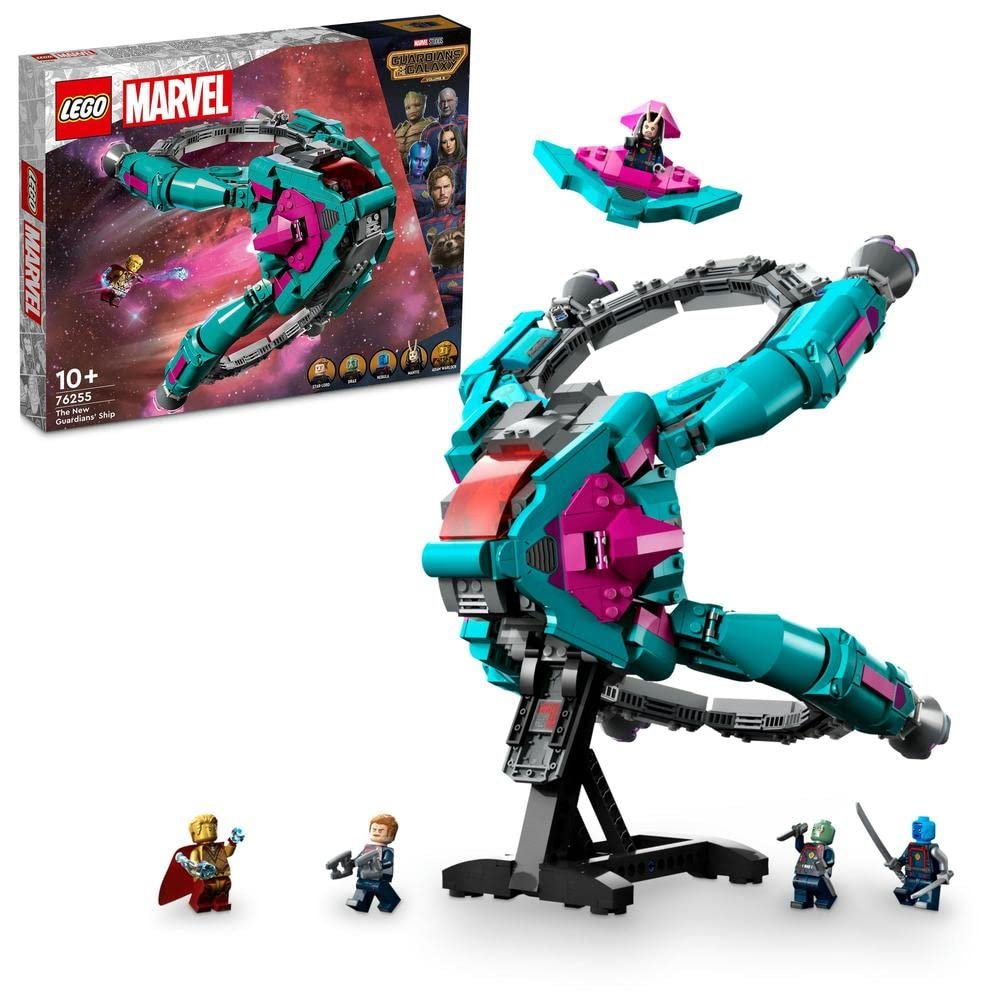 LEGO 76255 Marvel The New Guardians’ Ship set with 1,108 pieces, featuring minifigures and a detailed model of the Guardians’ ship for space battles.