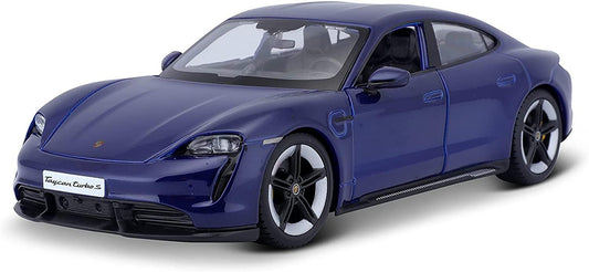 Bburago 1:24 Porsche Taycan Turbo S 2019 blue die-cast model sports car.

