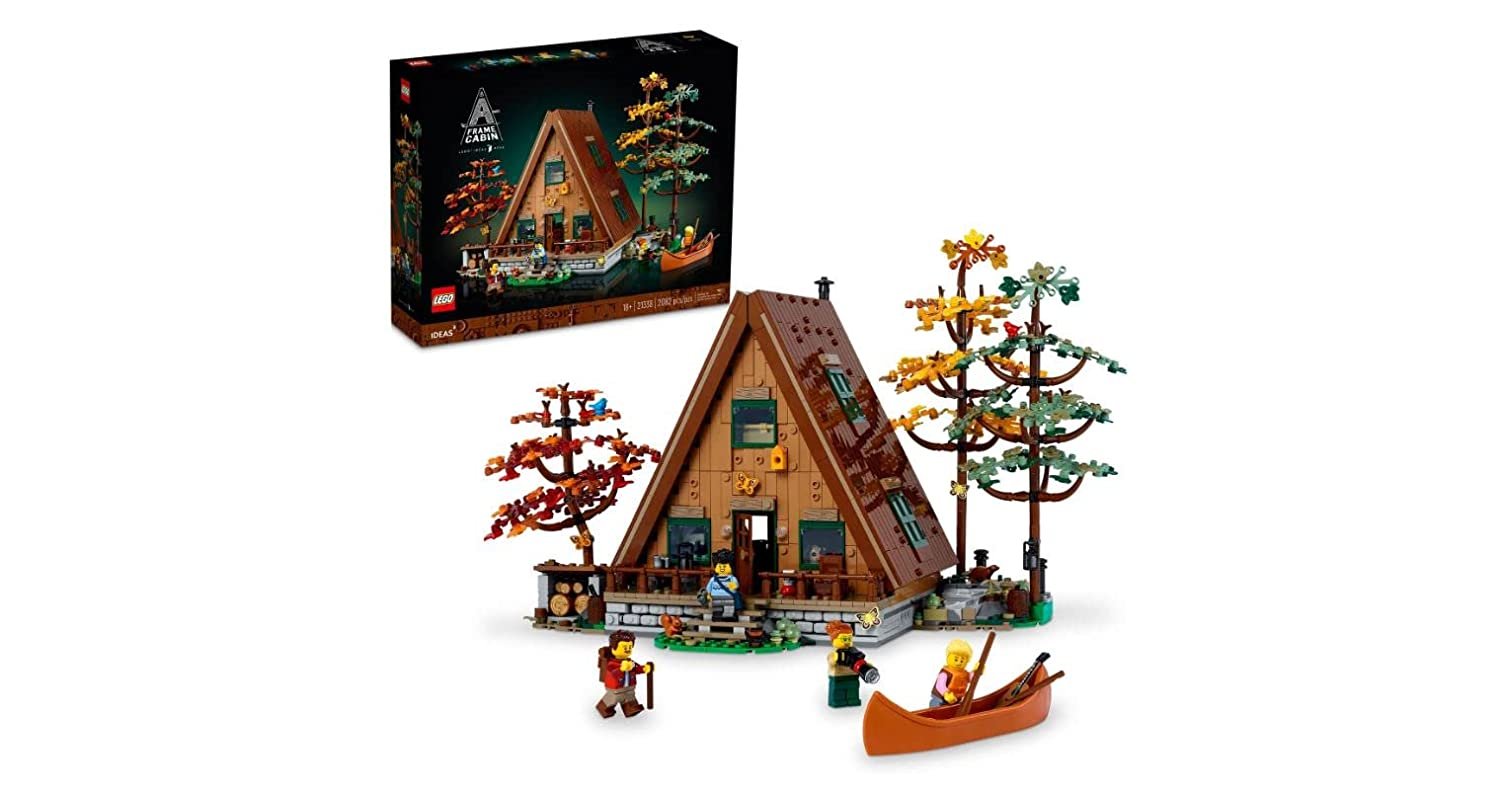LEGO 21338 Ideas A-Frame Cabin building kit with 2,082 pieces, showcasing a rustic cabin design
