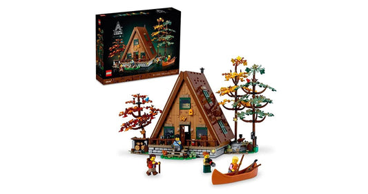 LEGO 21338 Ideas A-Frame Cabin building kit with 2,082 pieces, showcasing a rustic cabin design