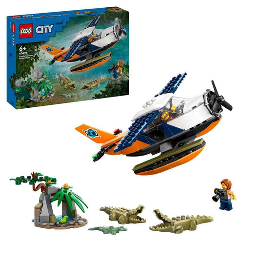 LEGO City 60425 Jungle Explorer Seaplane set with 2 minifigures, crocodiles, a frog, and a buildable plane for jungle-themed adventures.
