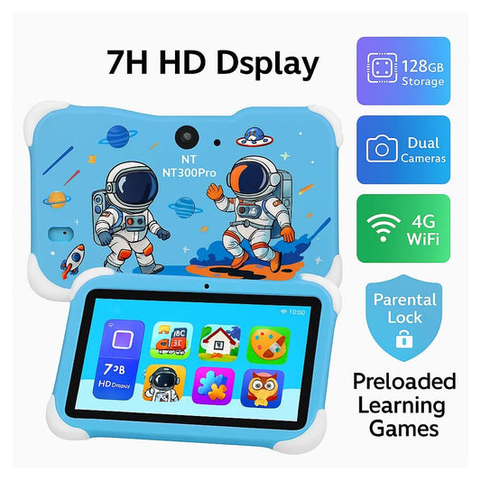Kids Learning Tablet – 7" HD, 128GB, Dual Cameras, 4G/WiFi, Parental Lock, Fall-Proof Cover (Space - Blue)