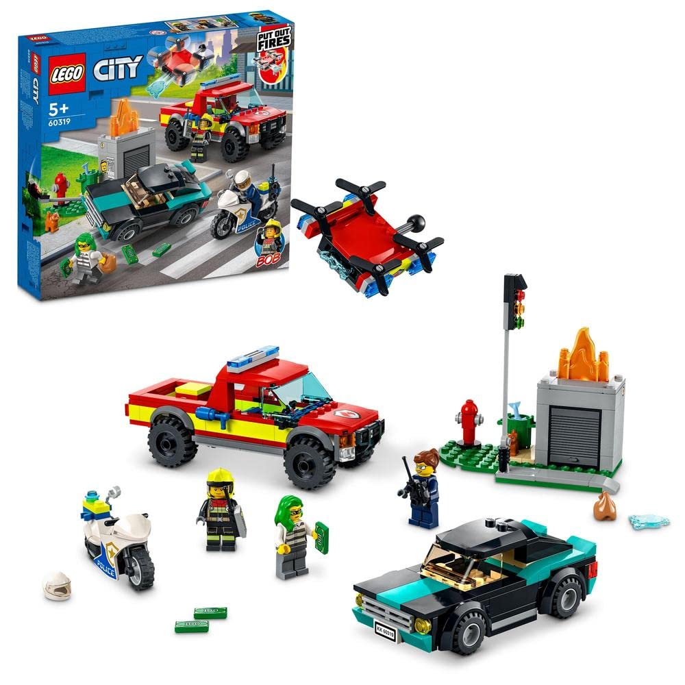 LEGO City Fire Rescue & Police Chase 60319 – Features fire pickup with drone, police motorbike, crook's car, fire scene with traffic light, and 3 minifigures.​
