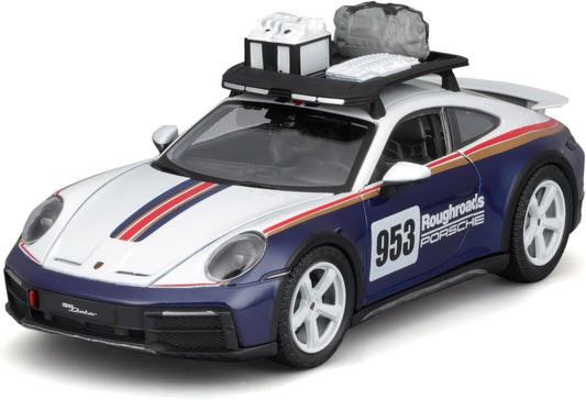 Bburago 1:24 scale blue Porsche 911 992N #953 Dakar 2023 die-cast model car.

