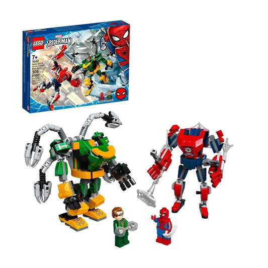 LEGO Spider-Man and Doctor Octopus mechs from set 76198, showcasing movable limbs and accessories for dynamic play
