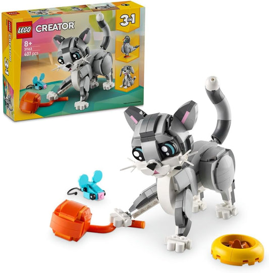 LEGO Creator 3in1 Playful Cat 31163 set featuring models of a posable cat, dog, and pigeon, each with unique accessories, designed for builders aged 8+