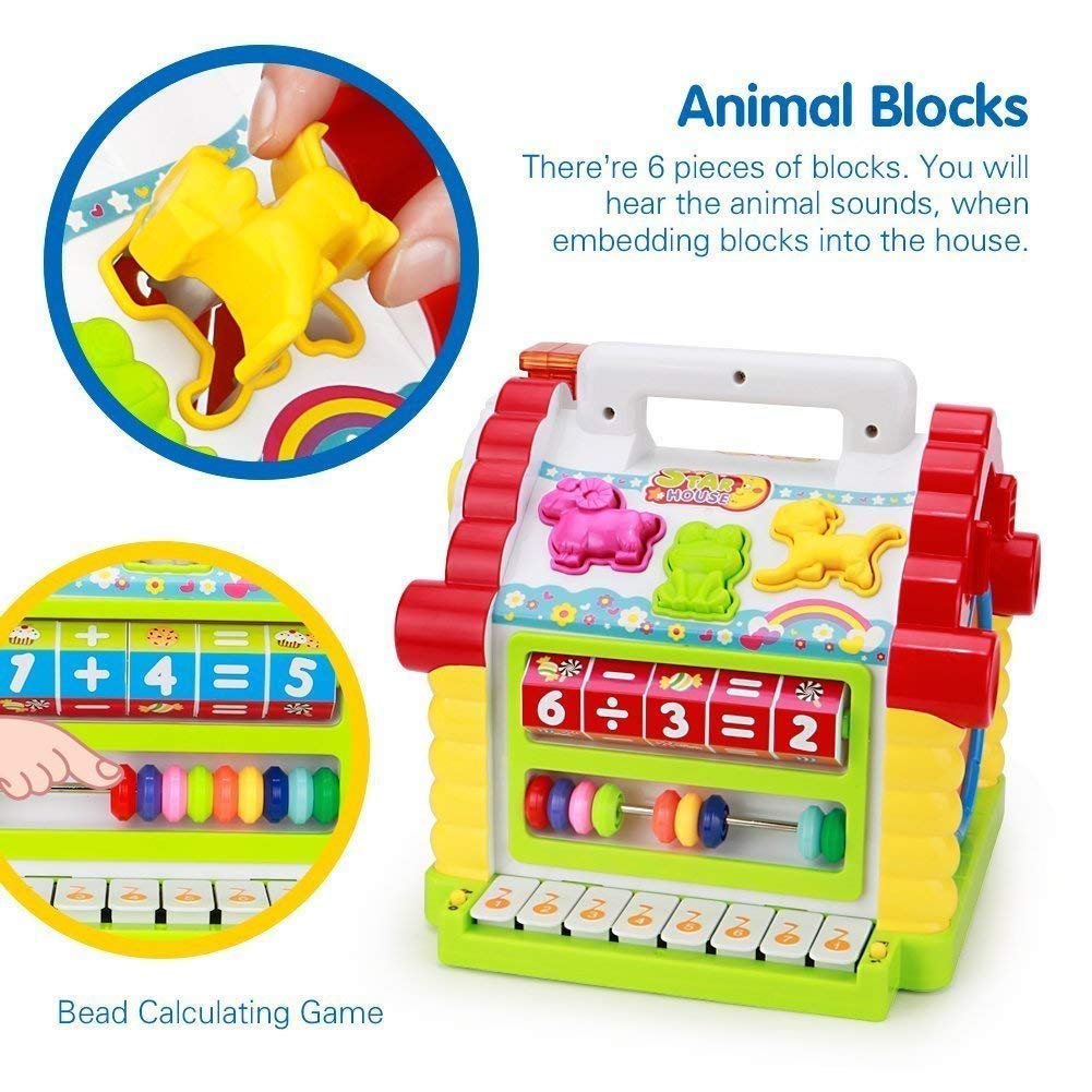 HOLA House Party Educational Toys, Baby House with Shape Sorters, Musical Piano Keys, Counting Math Beads ,Blocks Activity Cube ,Play Cube for Kids - 739