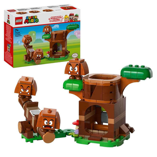 LEGO Super Mario Goombas' Playground Set 71433, a 173-piece interactive playset featuring 3 Goomba figures, a buildable tree trunk with lever, and a seesaw, designed for builders aged 7 and up.