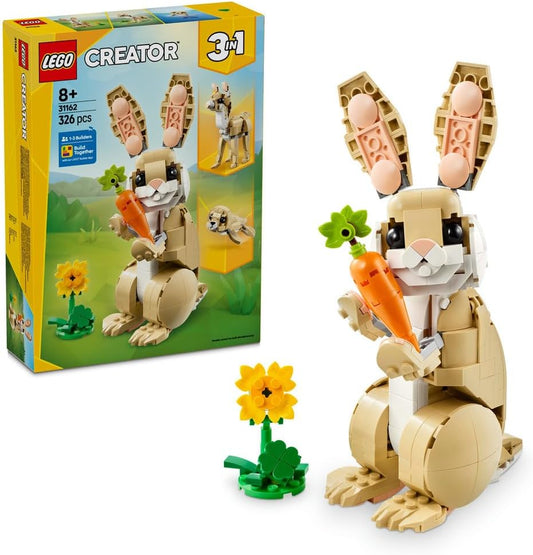 LEGO Creator 3in1 Cute Bunny 31162 set featuring models of a posable bunny, llama, and seal, each with unique accessories, designed for builders aged 8+