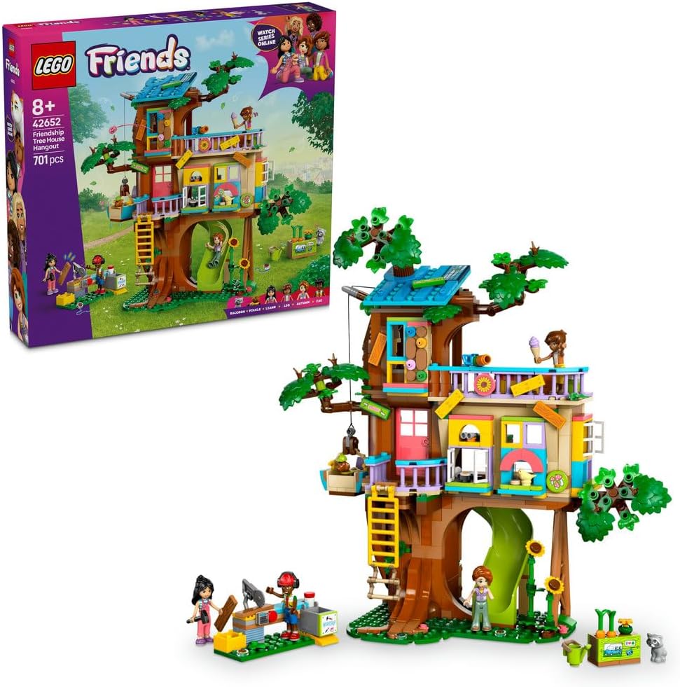 LEGO Friends Friendship Tree House Hangout 42652 showcasing a detailed tree house with customizable elements, a vegetable garden, and minifigures of Liann, Autumn, Leo, Zac, along with a dog and raccoon figure, designed for builders aged 8+