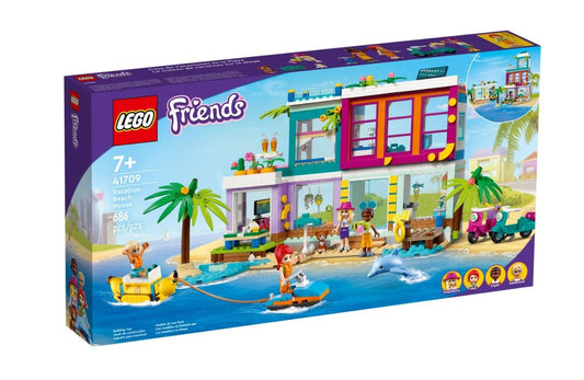 LEGO 41709 Friends Beach Holiday Home with mini-dolls, beach accessories, and colorful seaside house build
