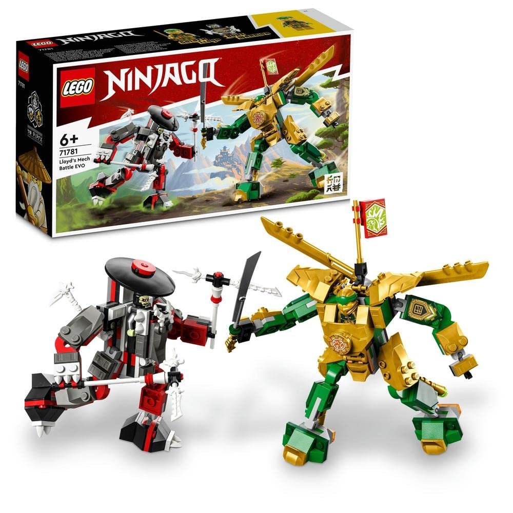 LEGO NINJAGO Lloyd's Mech Battle EVO 71781 set with 223 pieces, including posable mechs for Golden Lloyd and Bone Warrior, both armed with weapons, and upgradeable golden armor and wings for Lloyd's mech.
