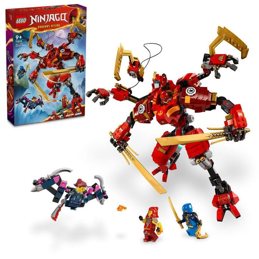 LEGO 71812 NINJAGO Kai’s Ninja Climber Mech set showcasing a red mech with posable limbs, ninja hooks, cockpit, 2 katanas, and 4 minifigures including Climber Kai, Climber Jay, Wyldfyre, and Jordana.​