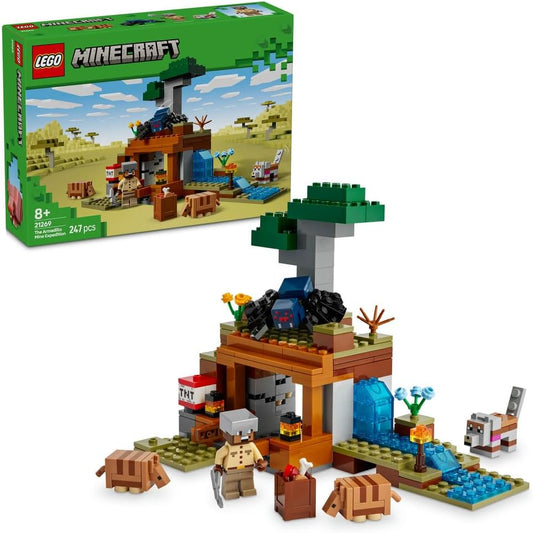 LEGO Minecraft Armadillo Mine Expedition 21269 set showcasing a mine with TNT function, precious ore, and Minecraft figures including armadillos, cave spider, and wolf.