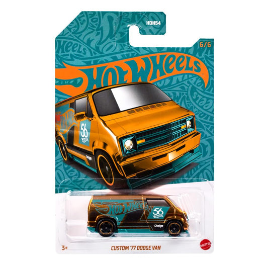Hot Wheels 1:64 Scale Die-Cast Vehicle Custom 77 Dodge Van - Chase with Turquoise- & Copper-Colored Deco to Celebrate HW 56th Anniversary