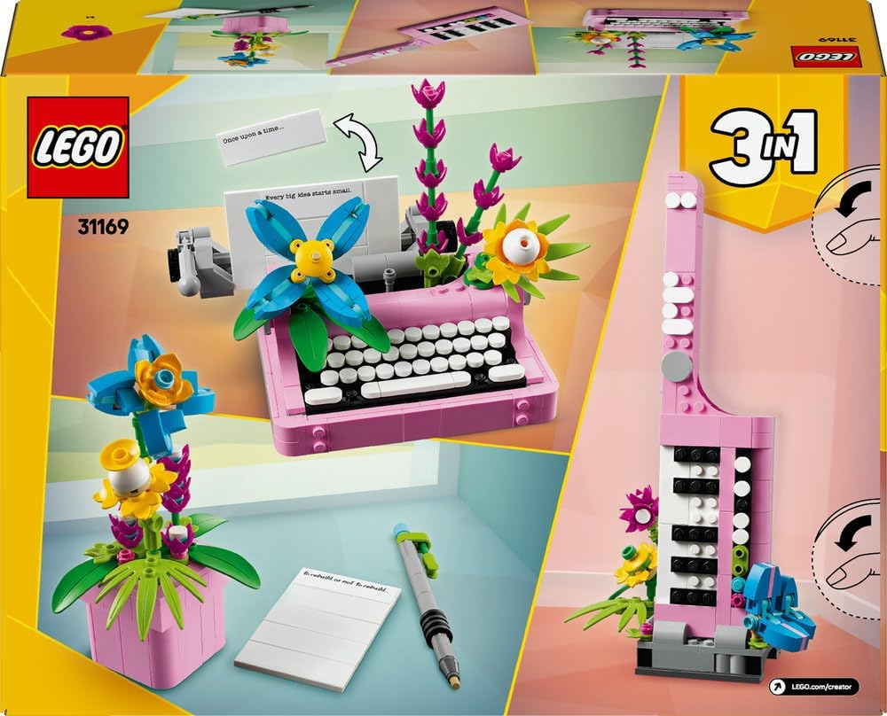 LEGO Creator 3in1 Typewriter with Flowers Toy - Transforms into a Keytar Model or a Flowerpot with Pen & Notebook - Building Set for 8+ Year Old Girls & Boys - Creative Birthday Gift - 31169