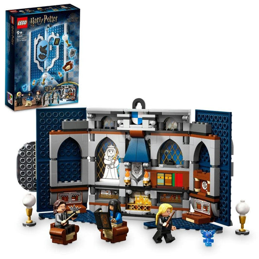 LEGO 76411 Ravenclaw House Banner set with 305 pieces, featuring a buildable banner that opens to reveal the Ravenclaw common room and includes 3 minifigures.