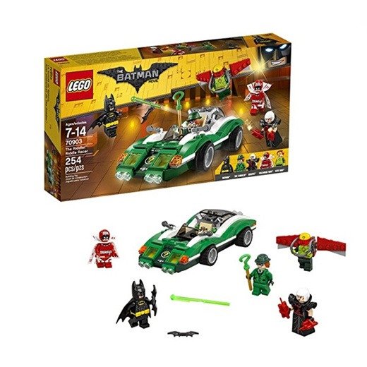 LEGO 70903 The Riddler Riddle Racer set featuring a dual-exhaust race car, flip-up spring-loaded shooters, and five minifigures from The LEGO Batman Movie.