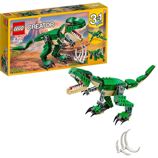 LEGO 31058 Mighty Dinosaurs set showcasing a green T. rex with movable joints, sharp teeth, and a poseable tail, part of the 3-in-1 dinosaur building experience.