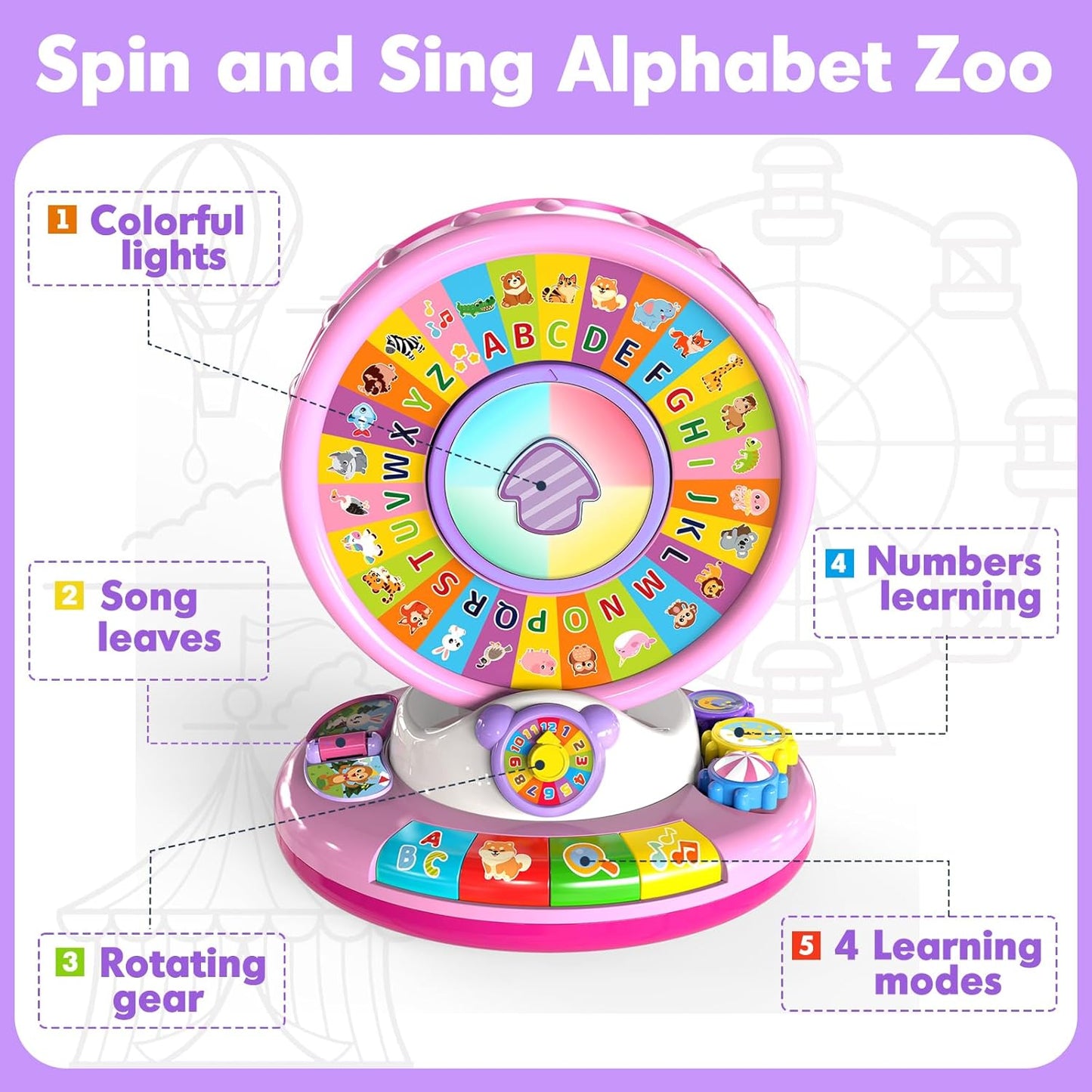 Musical Spin & Sing Alphabet Zoo Infant Toys – Interactive Learning Toy for Toddlers Ages 6–18 Months | Educational Gift for Baby Boys & Girls (1–3 Years) - Pink