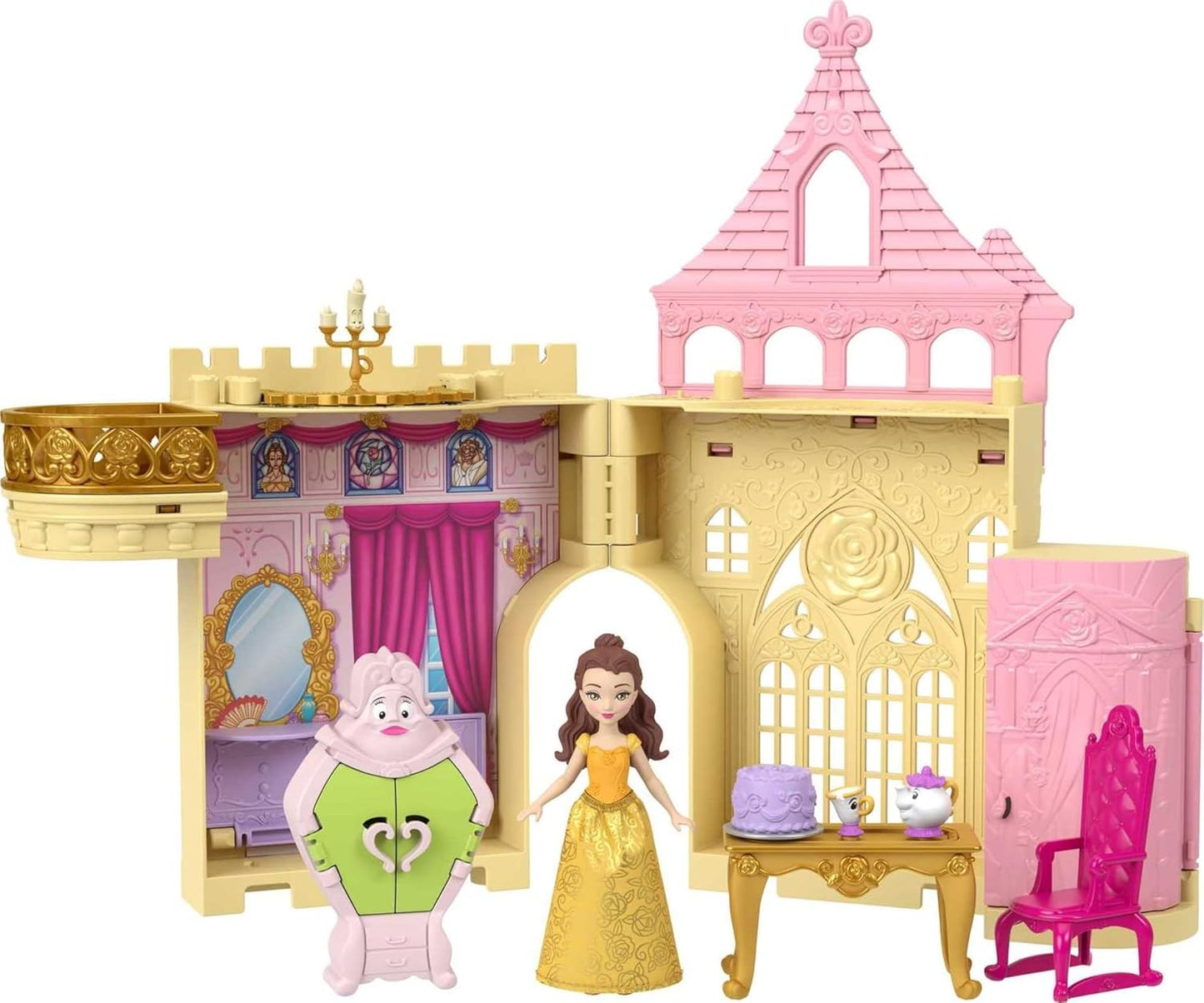 Mattel Disney Princess Toys, Belle Stackable Castle Doll House Playset with Small Doll and 9 Pieces, Inspired by The Disney Movie, Kids Travel Toys