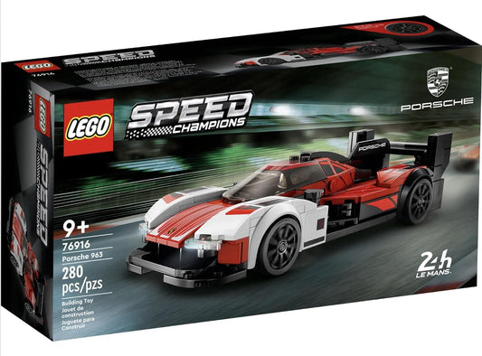 LEGO Speed Champions Porsche 963 76916 race car model with red, black, and white livery, featuring a driver minifigure and realistic design details.​