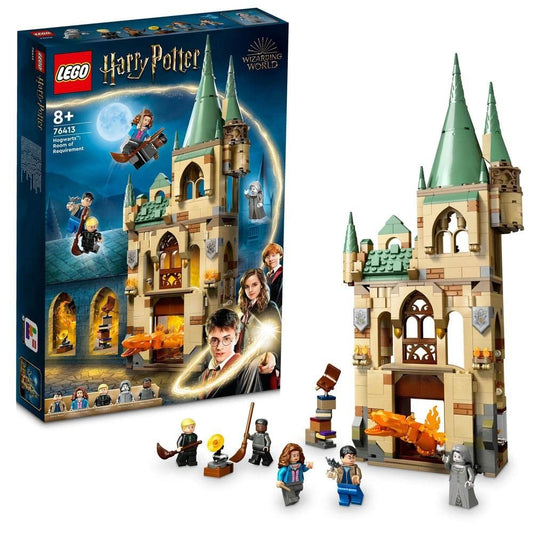 LEGO 76413 Hogwarts Room of Requirement set with 587 pieces, featuring a detailed Room of Requirement, detachable upper-level room, and 5 minifigures.