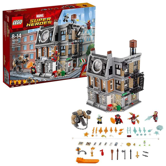 LEGO 76108 Sanctum Sanctorum Showdown set featuring a detailed 3-level New York City building with minifigures of Iron Man, Iron Spider-Man, Doctor Strange, Ebony Maw, and Cull Obsidian.​