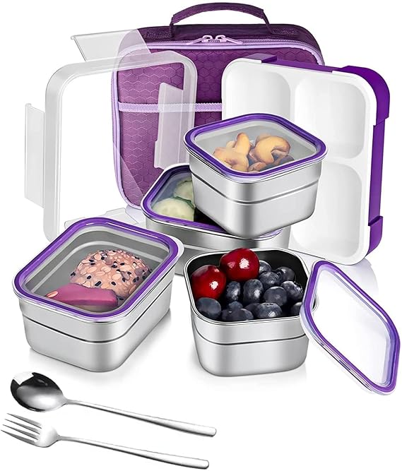 Stainless Steel Kids Lunch Box - Insulated Bento with Tableware & Bag, 4 ompartments, Leakproof, BPA-Free, Dishwasher Safe - Purple