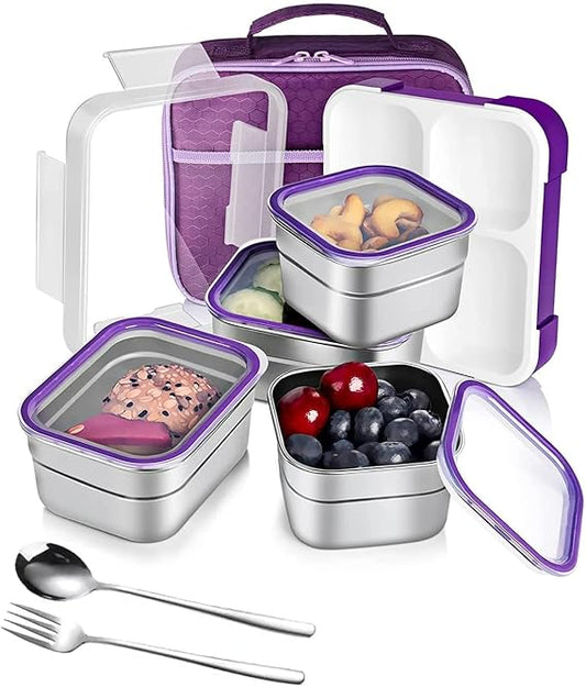Stainless Steel Kids Lunch Box - Insulated Bento with Tableware & Bag, 4 ompartments, Leakproof, BPA-Free, Dishwasher Safe - Purple