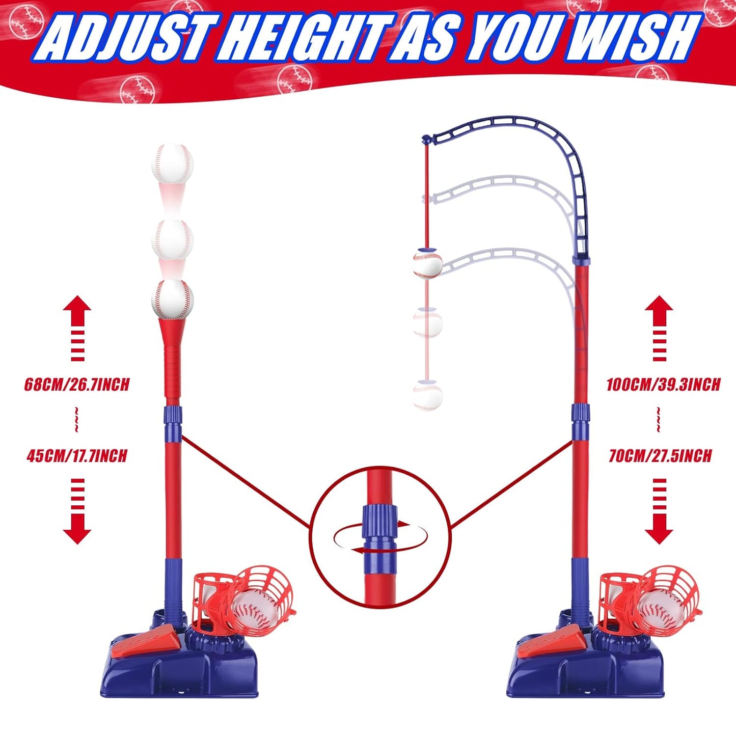 3-in-1 Kids Baseball Set – Tee Stand, Hanging Tee & Ball Launcher with 6 Balls | Adjustable Height Outdoor Game (Ages 3–12)