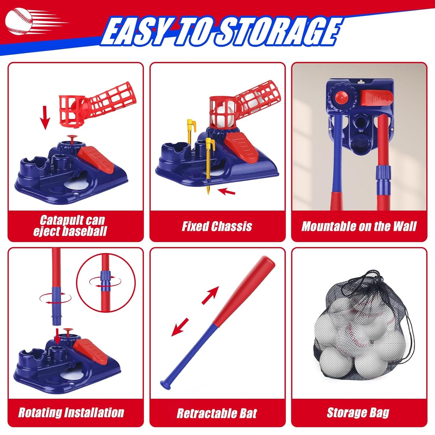 3-in-1 Kids Baseball Set – Tee Stand, Hanging Tee & Ball Launcher with 6 Balls | Adjustable Height Outdoor Game (Ages 3–12)