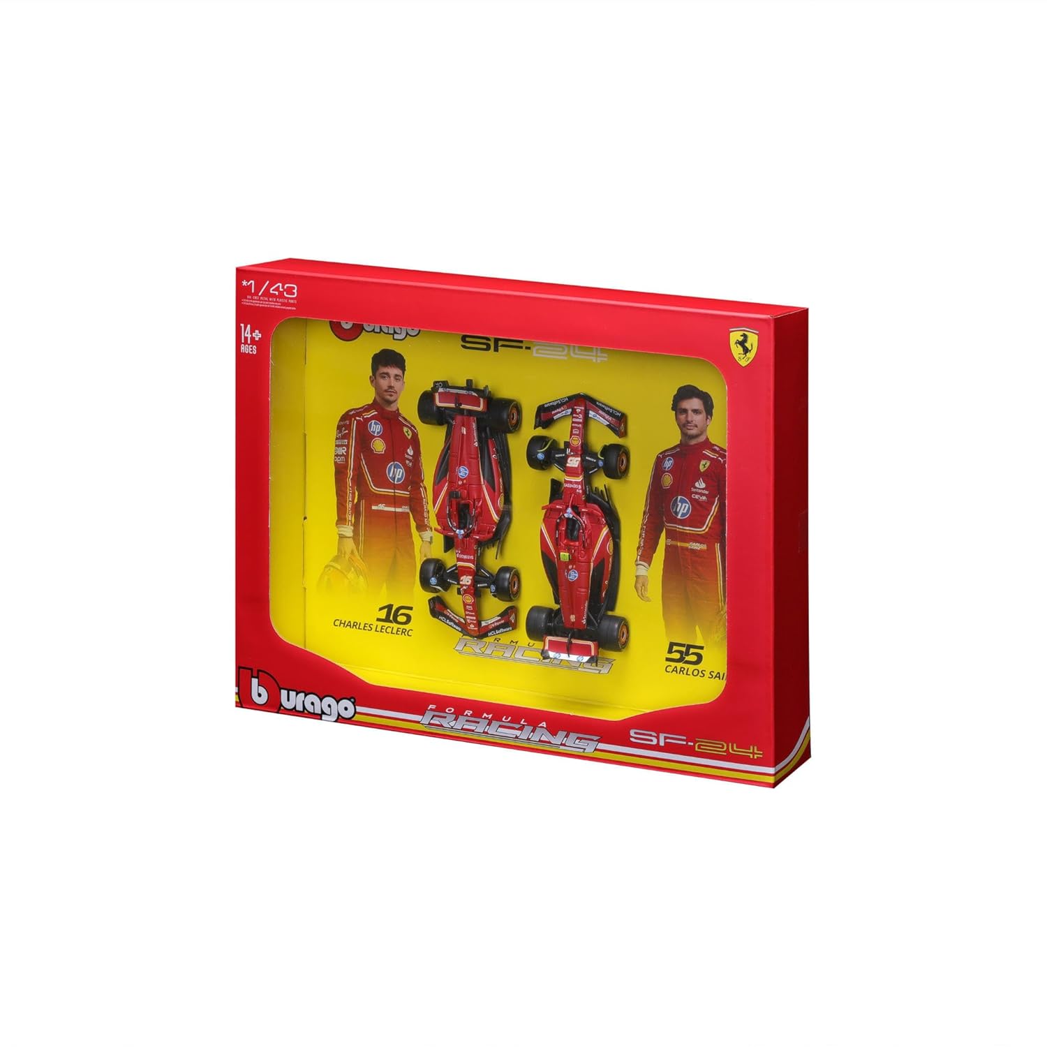 Bburago 1:43 scale die-cast Ferrari SF24 F1 car set with photo frame packaging – 2024 Formula 1 racing team collectible.

