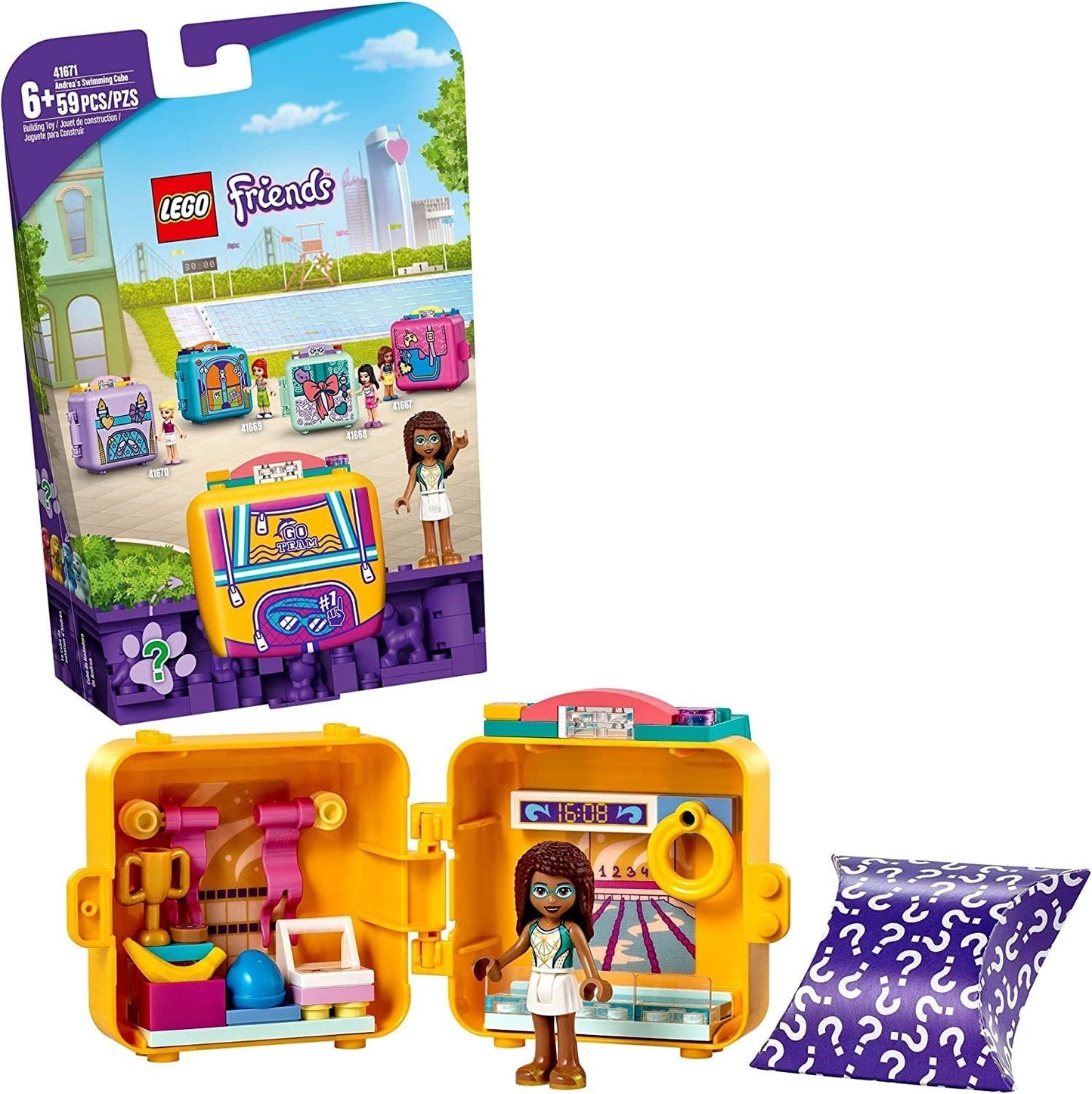 LEGO Friends Andrea's Swimming Cube 41671 – Compact playset featuring Andrea mini-doll, a poodle in various colors, mini pool, and chair for imaginative play