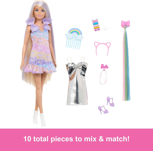 Barbie Fun & Fancy Blonde Fashion Doll – Extra-Long Hair, 2 Stylish Looks, Silver Metallic Dress & Colorful Hair Extension, Doll & Accessories Gift Set