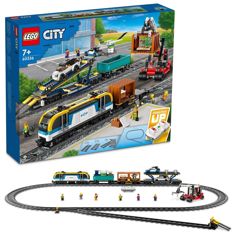 LEGO City Freight Train 60336 set with 1,153 pieces, including a motorized locomotive, 3 wagons, 33 track pieces, and 6 minifigures for immersive play.
