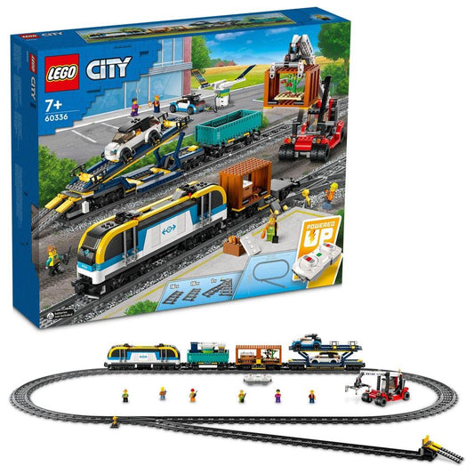 LEGO City Freight Train 60336 set with 1,153 pieces, including a motorized locomotive, 3 wagons, 33 track pieces, and 6 minifigures for immersive play.
