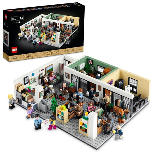LEGO Ideas 21336 The Office set showcasing a detailed model of the Dunder Mifflin Scranton branch, complete with 15 unique minifigures, including Michael Scott, Dwight Schrute, Jim Halpert, Pam Beesly, and others. The set features Michael’s sliding office, the main work area, conference room, and various accessories like a stapler in gelatin, Dundie trophy, and the 'World's Best Boss' mug.​
