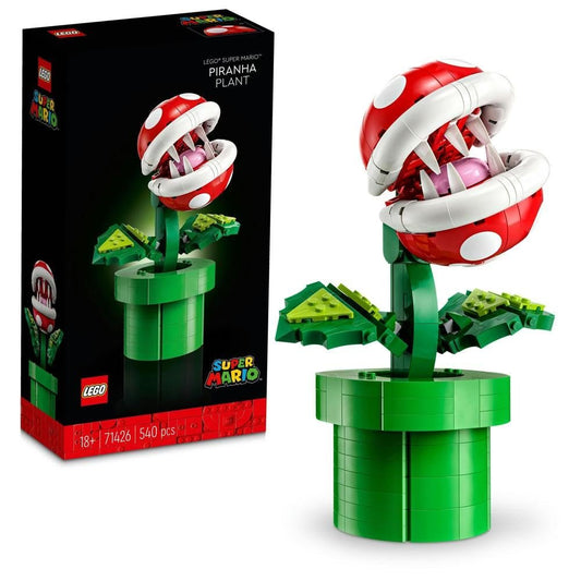 LEGO 71426 Piranha Plant set featuring the iconic red and white head with sharp teeth, green stalk, and leaves, emerging from a green pipe base.​
