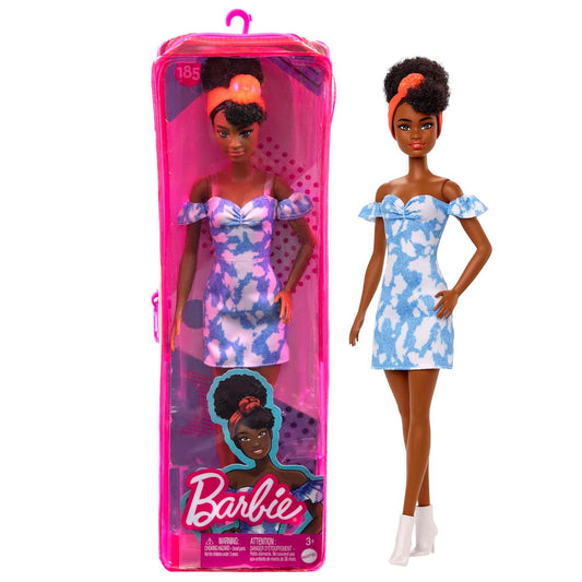 Barbie Fashionistas Doll #185, Black Up-do Hair, Bleached Denim Dress

